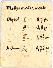W. & H. Seibert Wetzlar Mikroskop Nr. 6194, handschriftliche Mikrometerwerte des vorherigen Besitzers