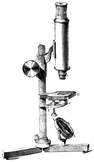 Kleines Mikroskop von Plössl. Abb. aus: Pieter Harting: Das Mikroskop, Friedrich Vieweg und Sohn, Braunschweig 1866