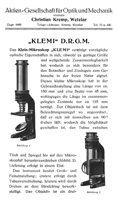 Faltblatt Klemi Chr. Kremp Wetzlar; Januar 1924