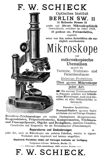 Anzeige von F.W.Schieck in "Trichinenschauer"; A.Johne; 9.Auflage; Verlagsbuchhandlung Paul Parey; Berlin; 1904: 192