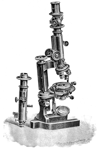 Voigt & Hochgesang: Großes Mikroskop Nr. 1 A. Abb. aus: Voigt & Hochgesang: Preis-Verzeichniss über krystallographisch-optische Instrumente       von Voigt & Hochgesang (Inhaber R. Brunnée) Göttingen (Göttingen 1889) 