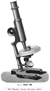 Paul Waechter Patent-Mikroskop XIII. Abb. aus: Paul Waechter Optische Werkstätte Berlin: Mikroskope und mikroskopische Hilfsapparate; No. 14; Berlin 1889 