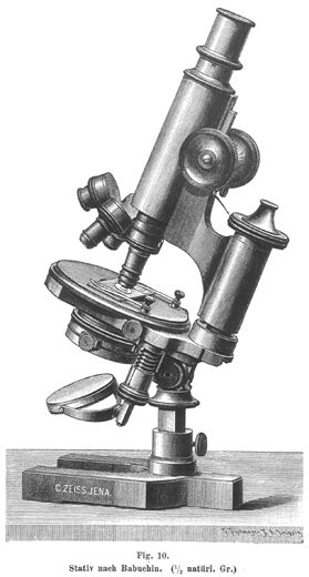 Stativ nach Babuchin, Fig. 15 aus: Zeiss-Katalog No. 29 "Mikroskope und mikroskopische Hilfsapparate", Jena 1891