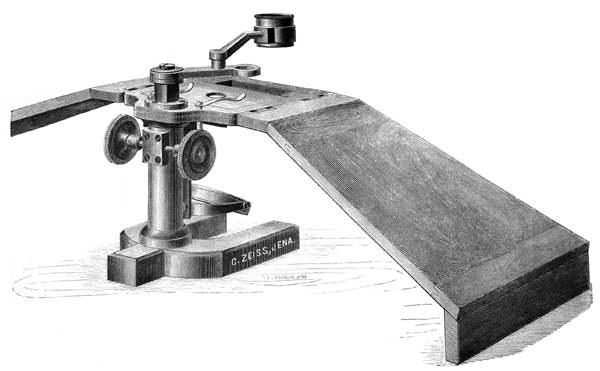 Zeiss Präpariermikroskop P I nach Paul Mayer, Abb. aus: Carl Zeiss Jena, Optische Werkstätte: Microscopes and Microscopical Accessories; No. 28; Jena 1889