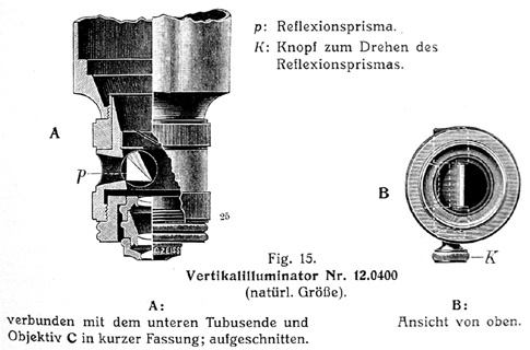 Vertikalilluminator; Abb. aus: Carl Zeiss Jena: Mikroskope und mikroskopische Hilfsapparate; 35. Ausgabe; Mikro 184; Jena 1913 