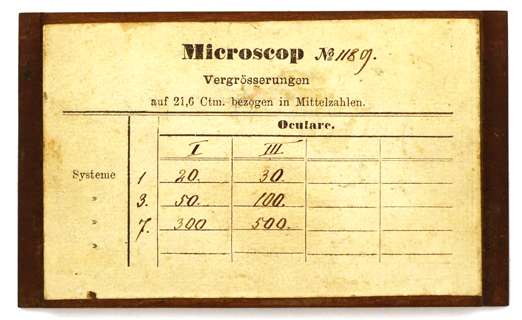 kleines Mikroskop von E. Leitz in Wetzlar No. 1189: Vergrößerungstabelle
