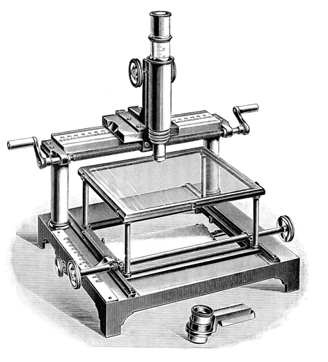 Schlittenmikroskop für Gehirnschnitte nach Nebelthau. Abb. aus: E. Nebelthau, Zeitschrift für wissenschaftliche Mikroskopie 13, 1896: 417-419