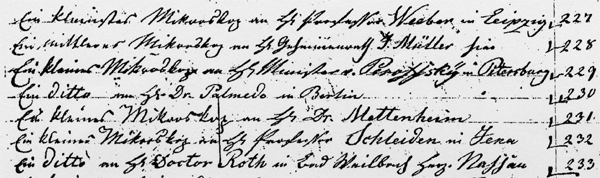 Kopie eines Seitenausschnitts der Kundenliste von F.W.Schiek 1844