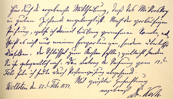 Reproduktion eines Briefes von Robert Koch an die Firma Seibert in Wetzlar. Abb. aus: W. & H. Seibert Wetzlar Optisches Institut G.m.b.H.: Mikroskope, Katalog Nr.55; Wetzlar um 1932 