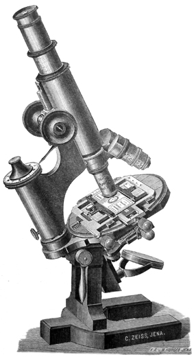 Zeiss Mikroskop Stativ Ia. Abb. aus: Carl Zeiss Jena, Optische Werkstätte: Microscopes et Appareils Accessoires; No. 28; Jena 1889