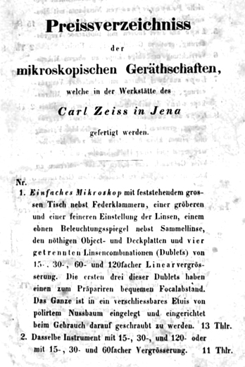 Preissverzeichniss der mikroskopischen Geräthschaften welche in der Werkstätte des Carl Zeiss in Jena gefertigt werden (1849), Seite 1