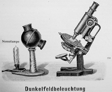 Dunkelfeldbeleuchtung aus: Ultramikroskopie und Dunkelfeldbeleuchtung Heft 4: Paraboloid-Kondensor nach Siedentopf; 3. Ausgabe; Mikro 230; Carl Zeiss Jena; 1910 